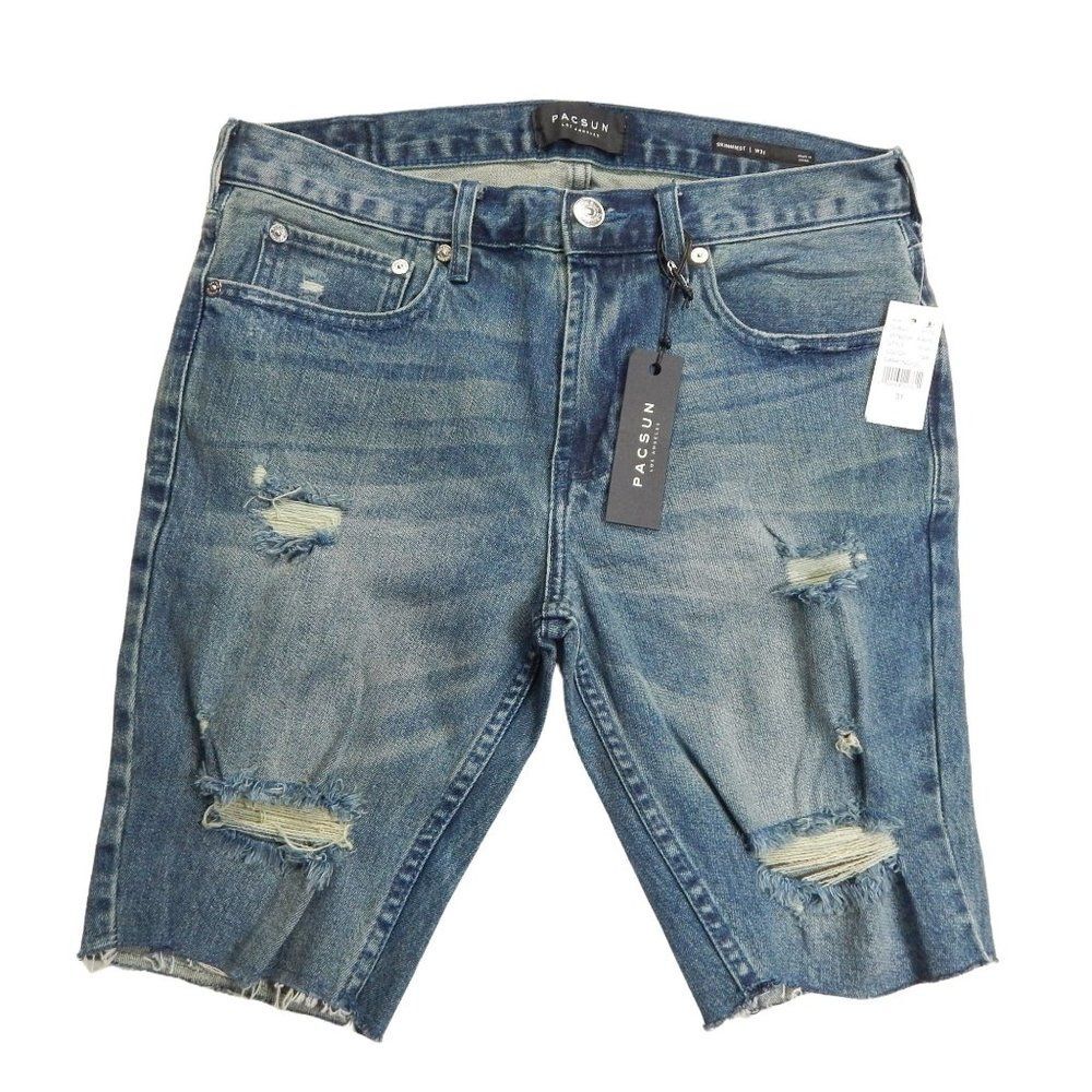 PacSun Mens 31 Skinny Distressed Cut Off Denim Jean Shorts Indigo Jorts Skater